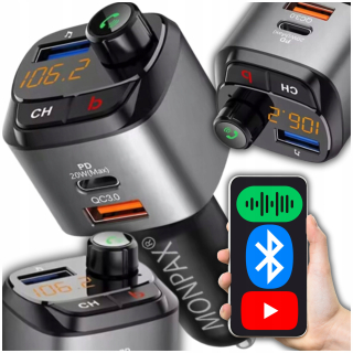 NAJVÝKONNEJŠÍ BLUETOOTH FM VYSIELAČ NABÍJAČKA DO AUTOMOBILKU 36 W QC3.0 USB-C